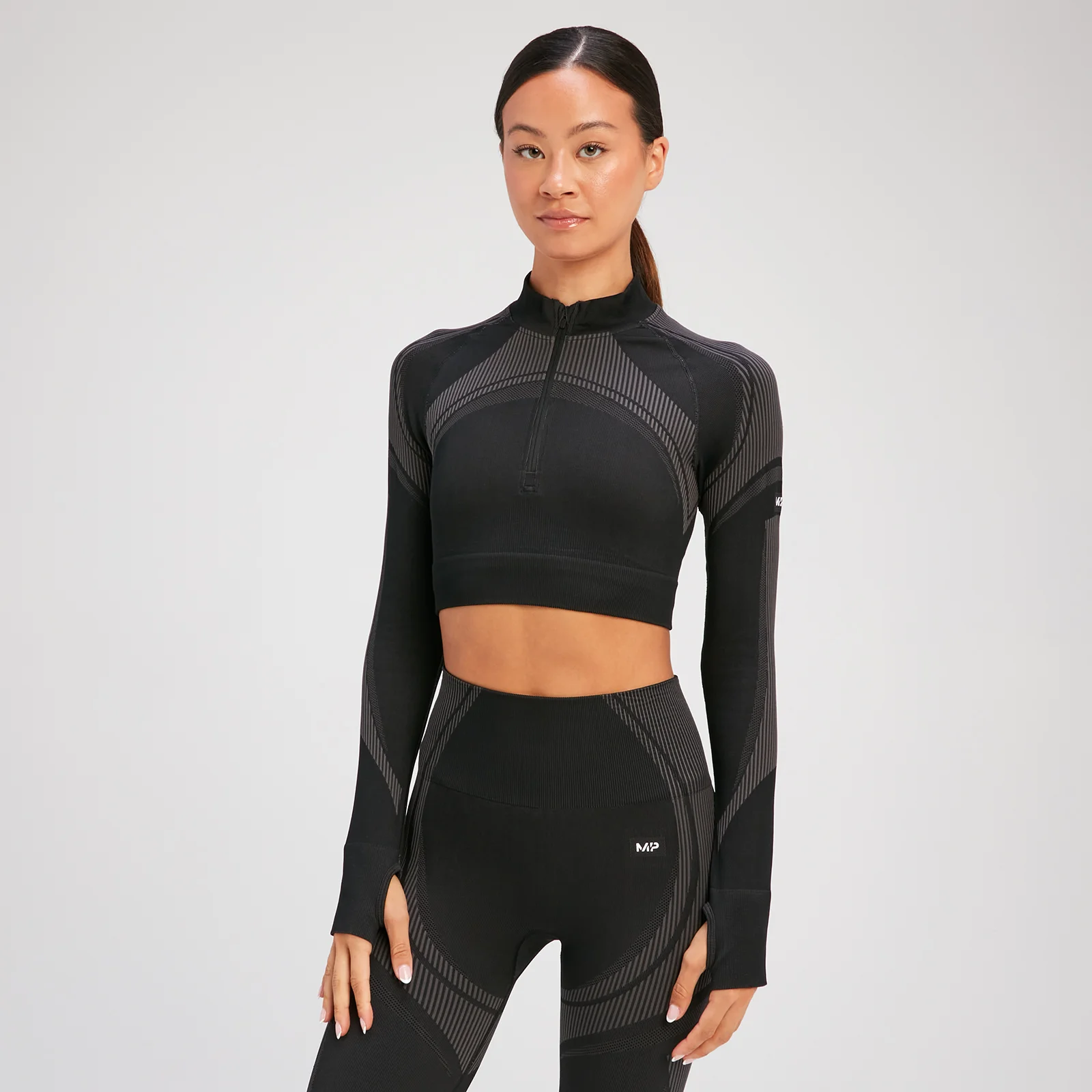 MP Women's Tempo Ultra Seamless Long Sleeve Crop 1/4 Zip - Black - XS Image 1