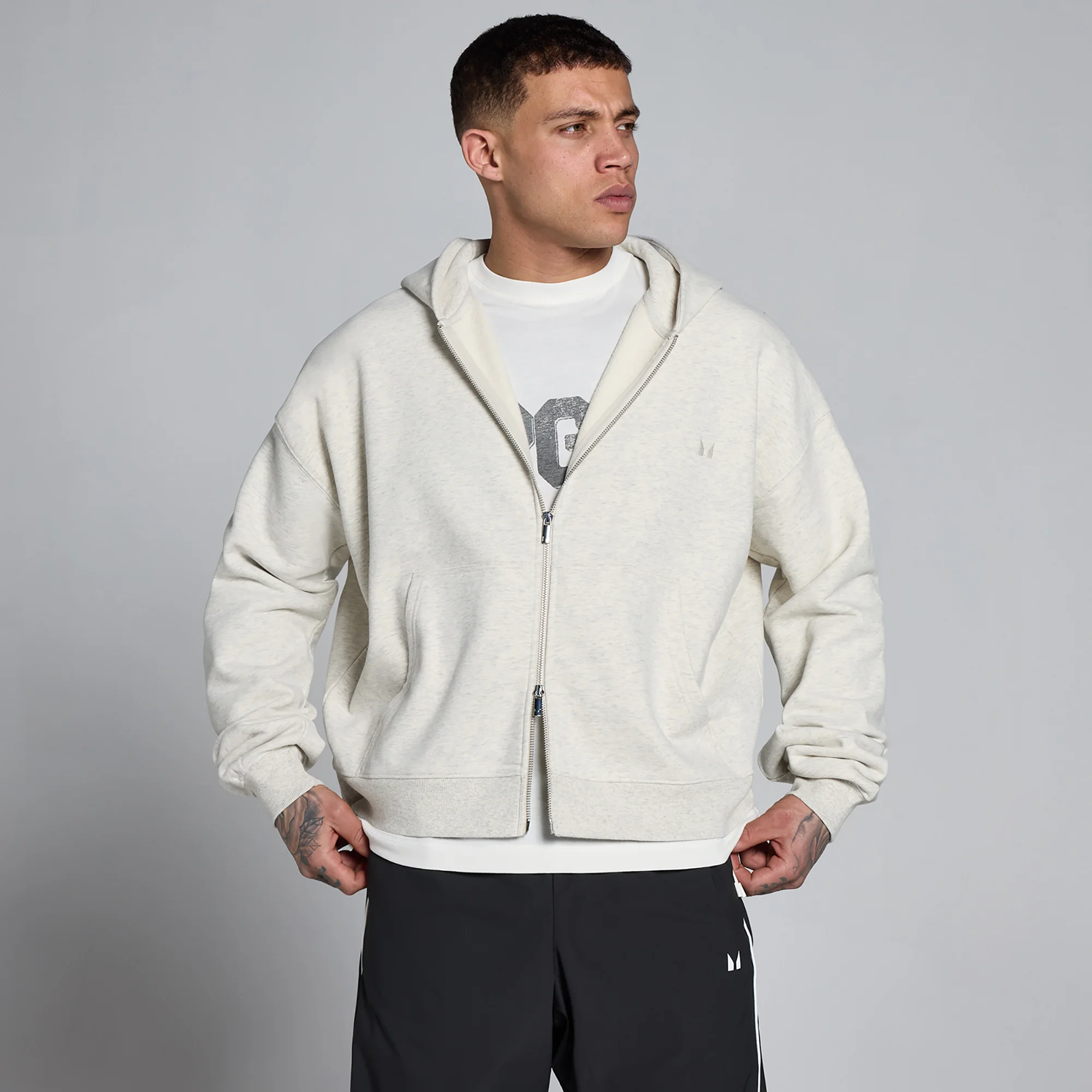 MP Men's Lift Oversized Loopback 2 Way Zip Hoodie - Creamy Grey Marl - XS Image 1