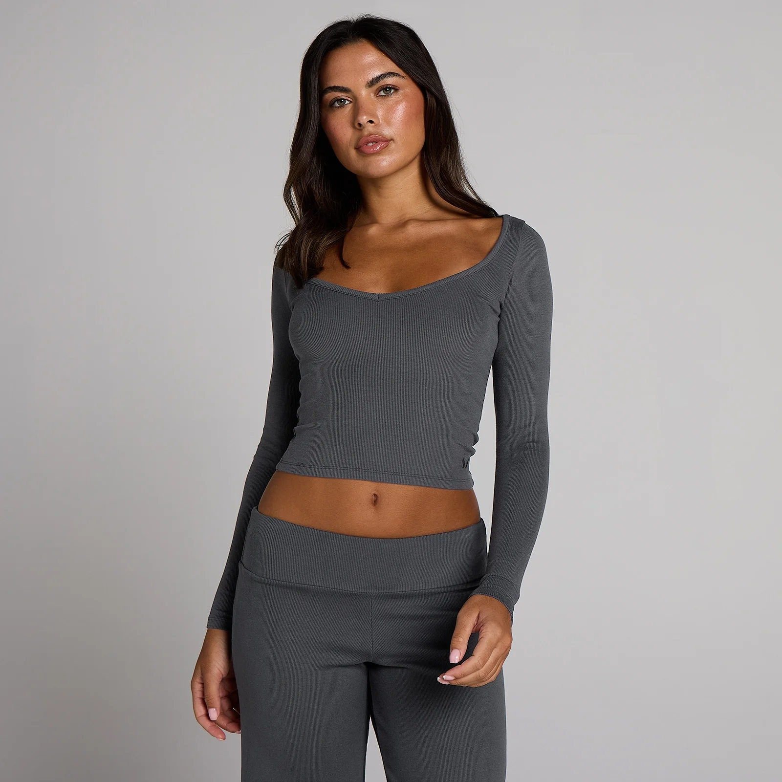 MP Women's V-Neck Ribbed Long Sleeve Top - Robust Grey - M Image 1
